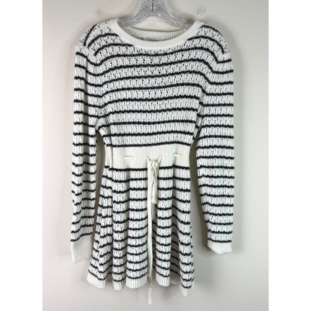Motherhood Maternity Sweater Women 1X Black White Striped Pointelle Tunic Knit